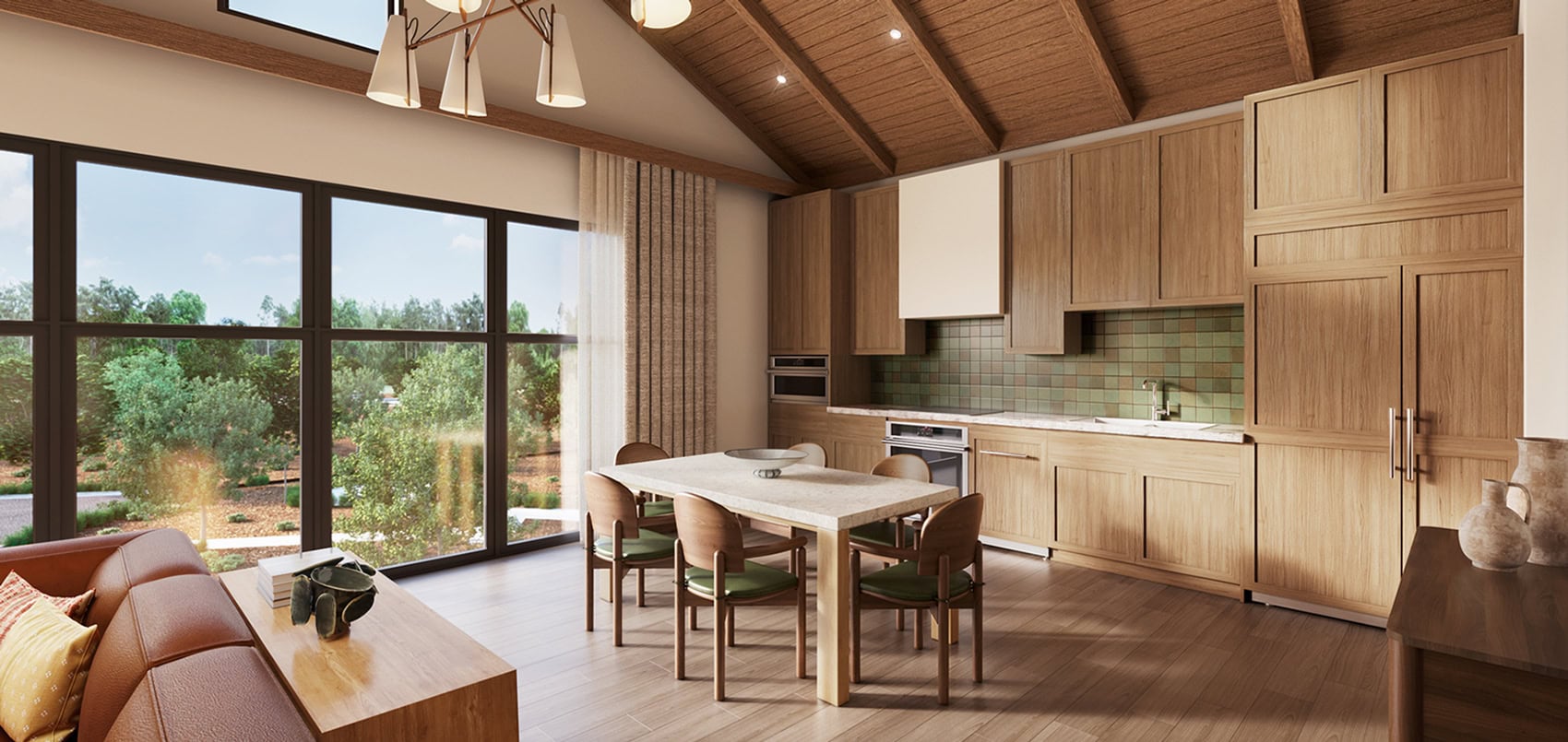 warm wood and natural stone integrate the indoors and the outdoors in Homestead Residences great room