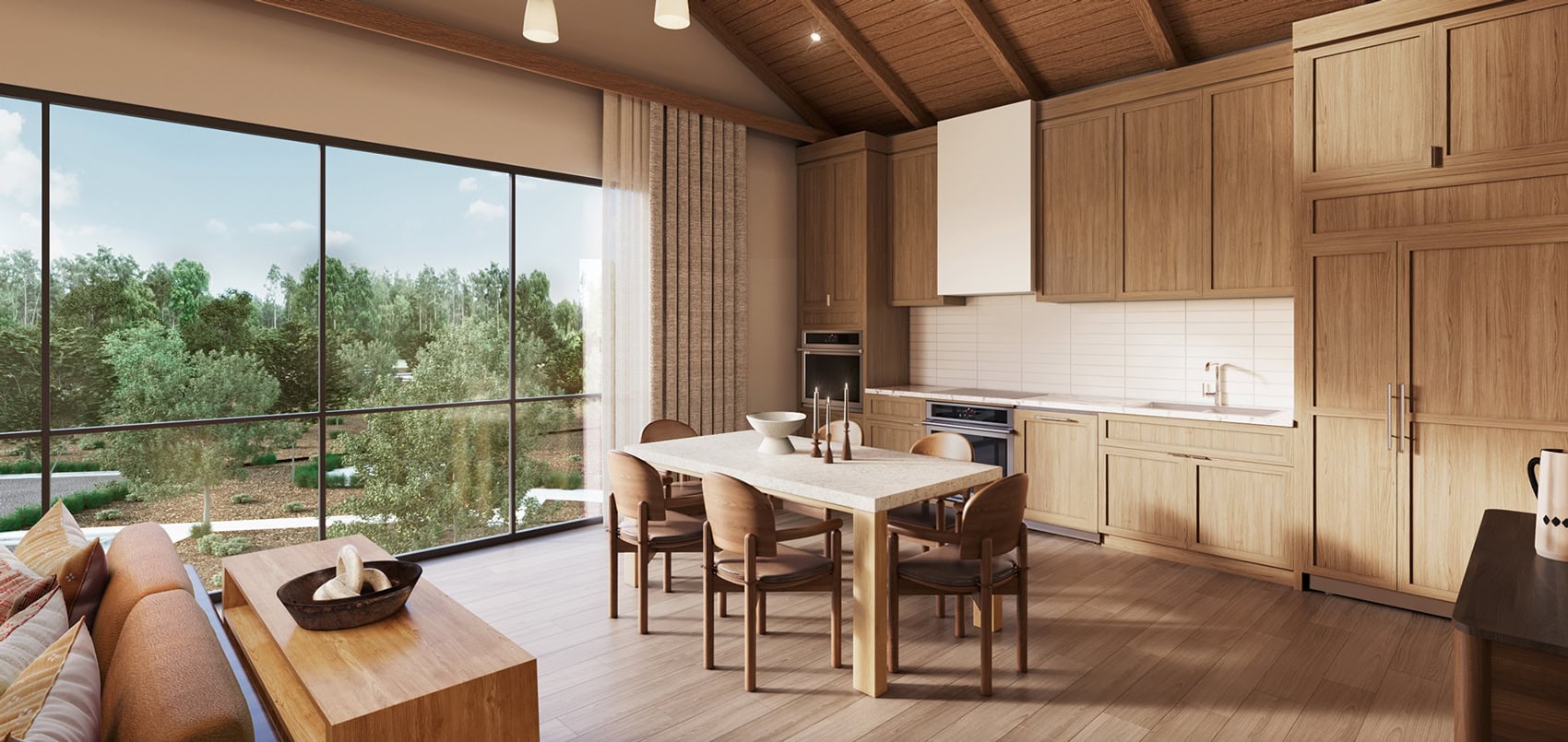 warm wood and natural stone integrate the indoors and the outdoors in Homestead Residences great room