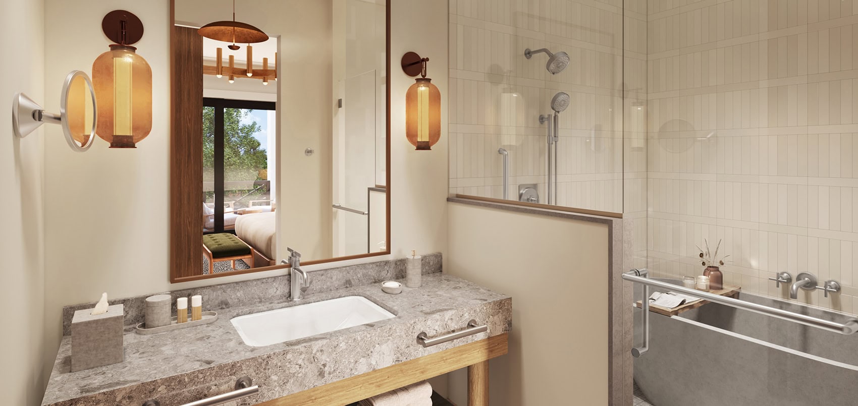 rich wood, natural stone, and gleaming glass turn the bathroom of this Homestead Residences condominium into a relaxing retreat