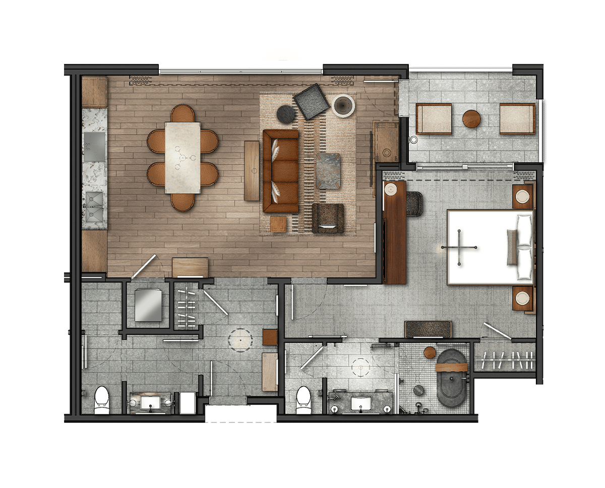 a floor plan for the Homestead Residences luxury, one-bedroom condominium option in Midway, Utah