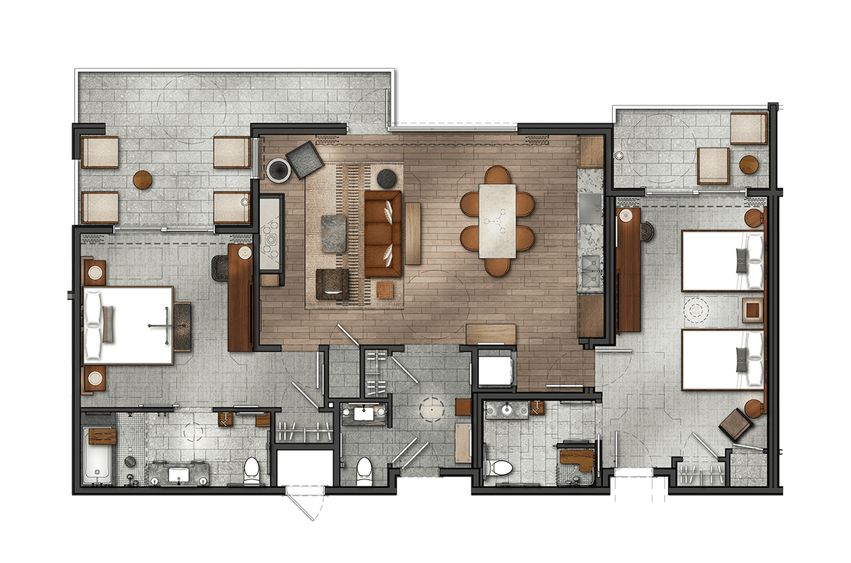 Homestead-Residences_Midway-Utah-Condos_Floorplan-Layouts_2-Bed-Ground-Upper_ADA_Full-Color a floor plan for the Homestead Residences luxury, two-bedroom condominium option (ADA compliant) in Midway, Utah