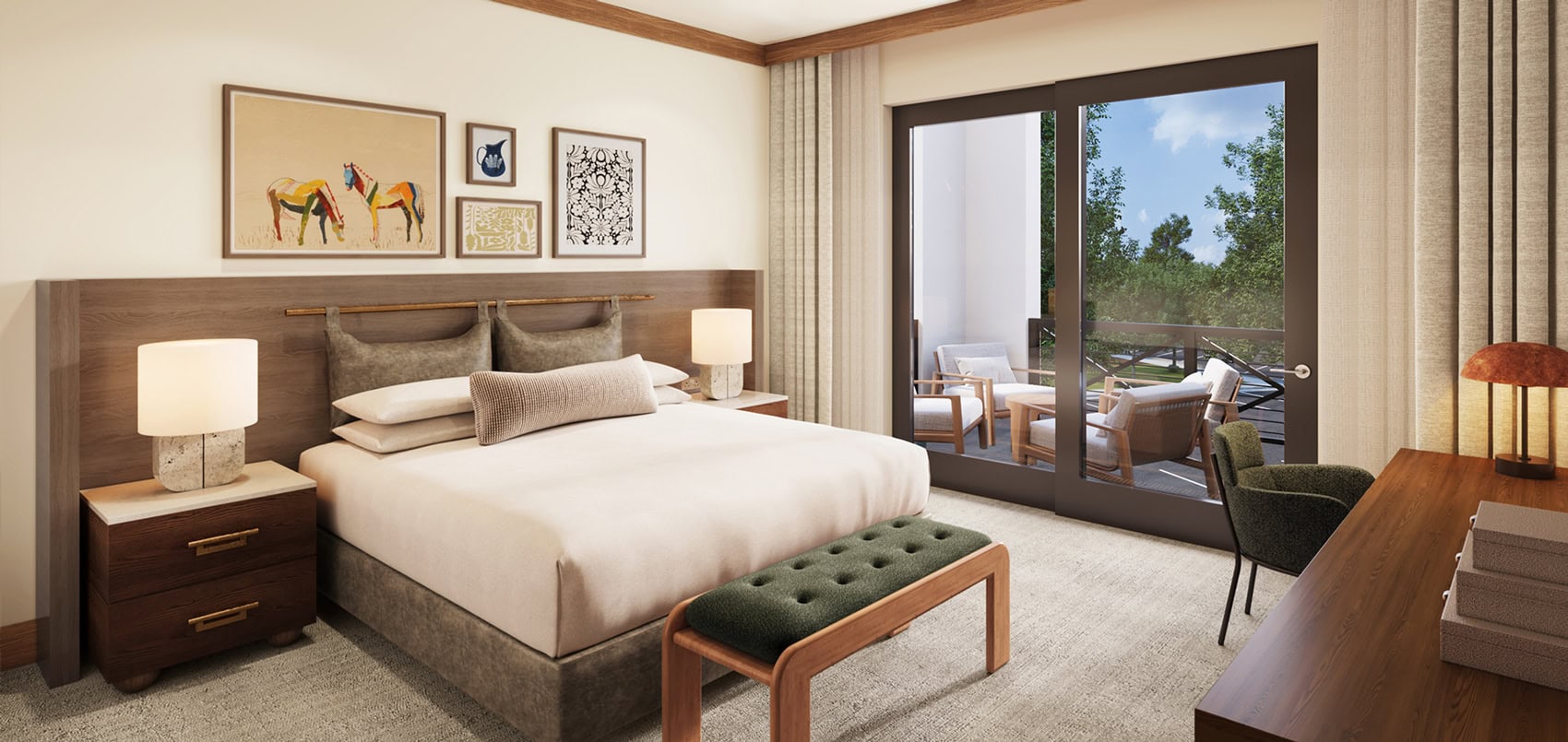 the colors and textures of this bedroom in a Homestead Residences luxury condominium blends the drama of the environment with the comfort of home