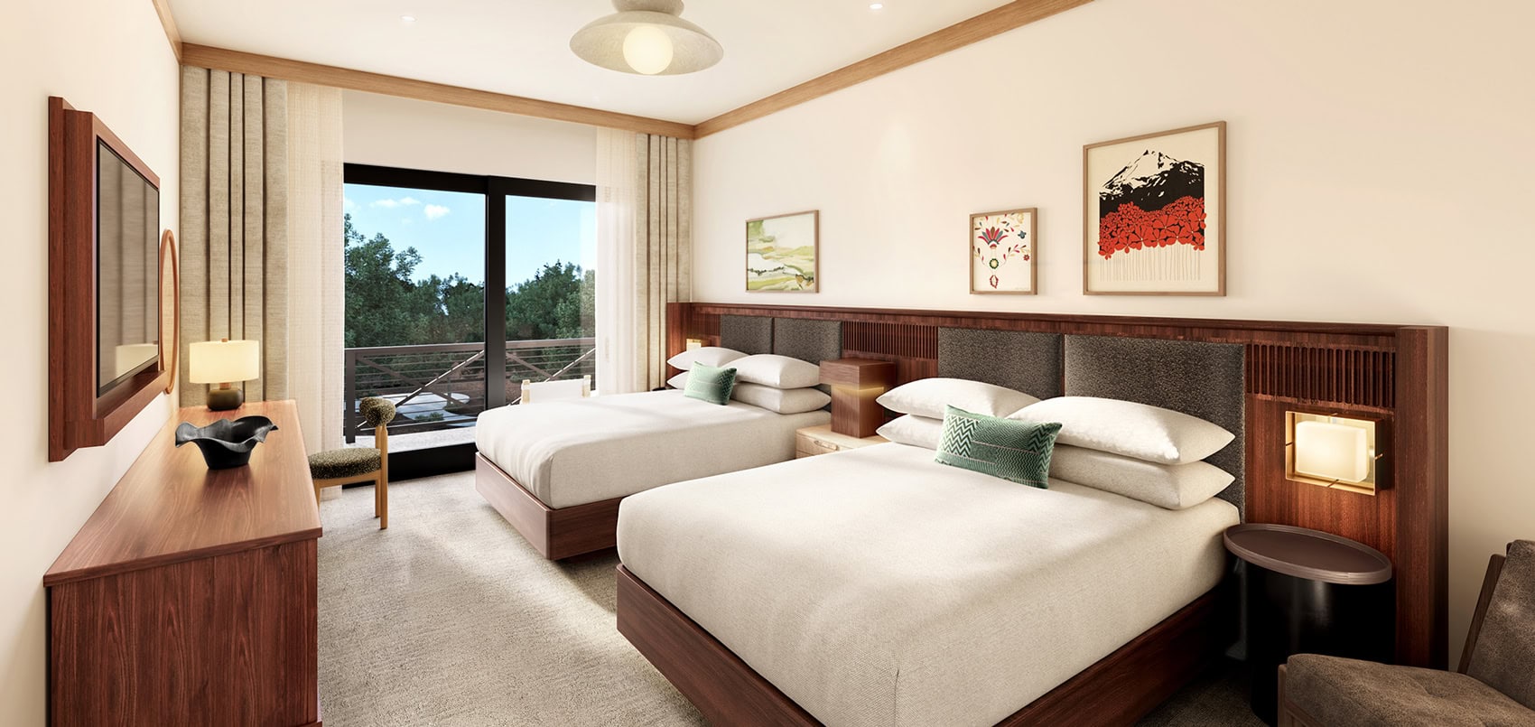 contemporary cottage and natural hues lend warmth to this two-bed bedroom suite in a Homestead Residences luxury condominium