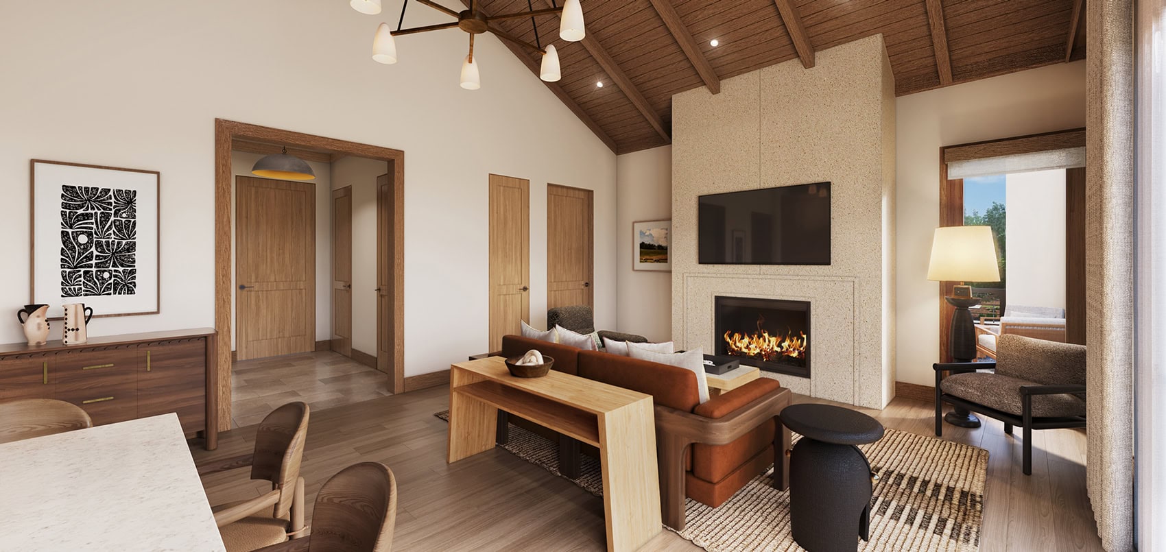 vaulted ceilings in this living room mimic the grandeur of the Wasatch Mountains surrounding the Homestead Residences
