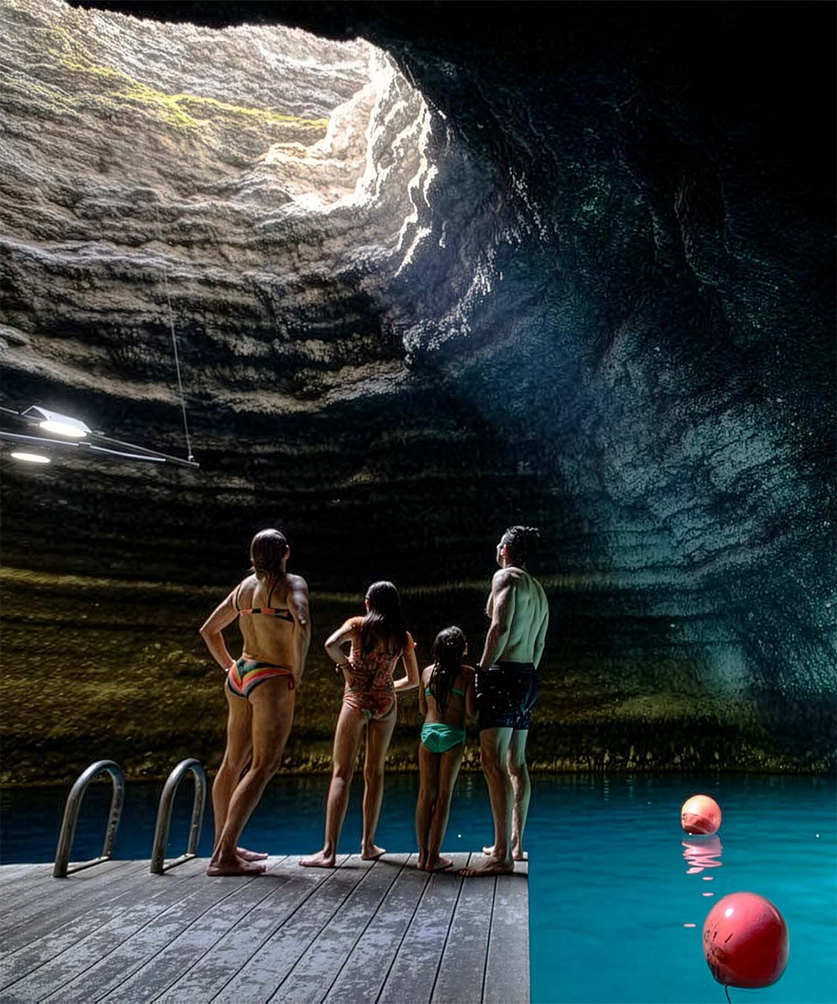 The Crater interior with family at Homestead Midway Utah